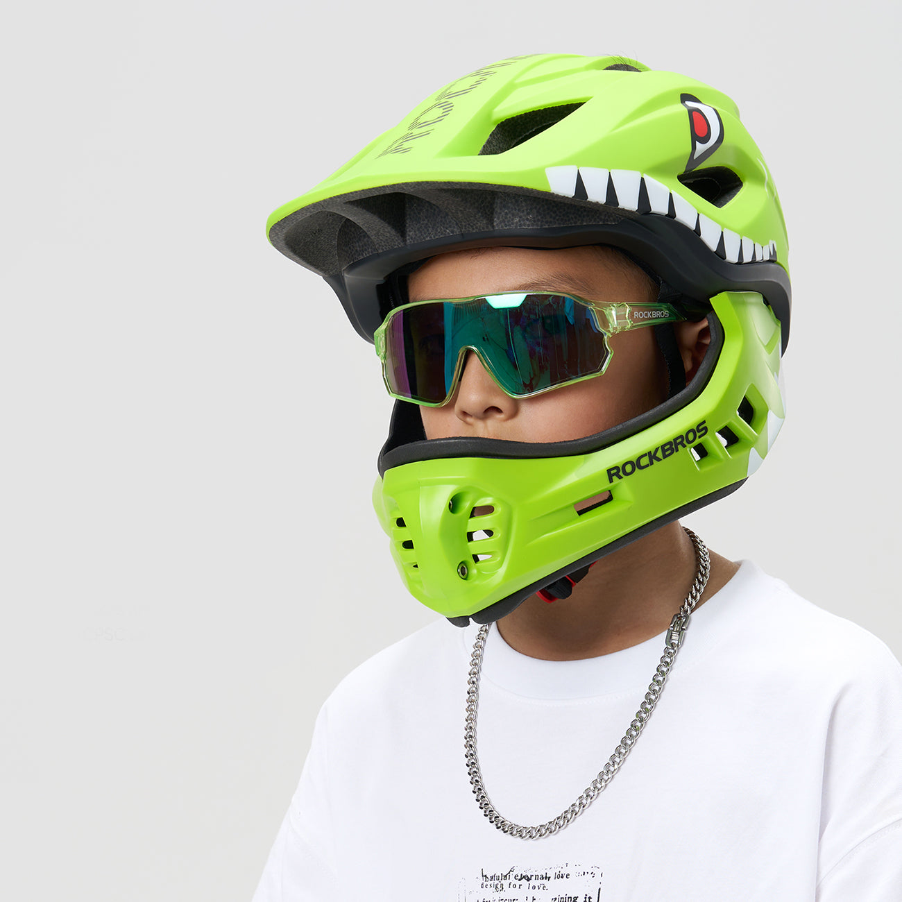 Rockbros TT-32003 Shark Vaikų dviračio šalmas su nuimama žandikaulio dalimi Dydis S (48-52) - Žalia -- Bicycle Helmets