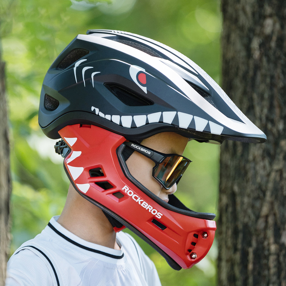 Rockbros TT-32006 Shark vaikų dviračio šalmas su nuimama žande S dydis (48-52 cm) - Juoda -- Bicycle Helmets