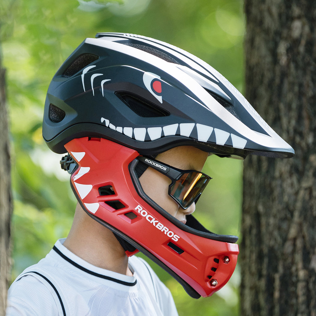 Rockbros TT-32006 Shark vaikų dviračio šalmas su nuimama žande S dydis (48-52 cm) - Juoda -- Bicycle Helmets