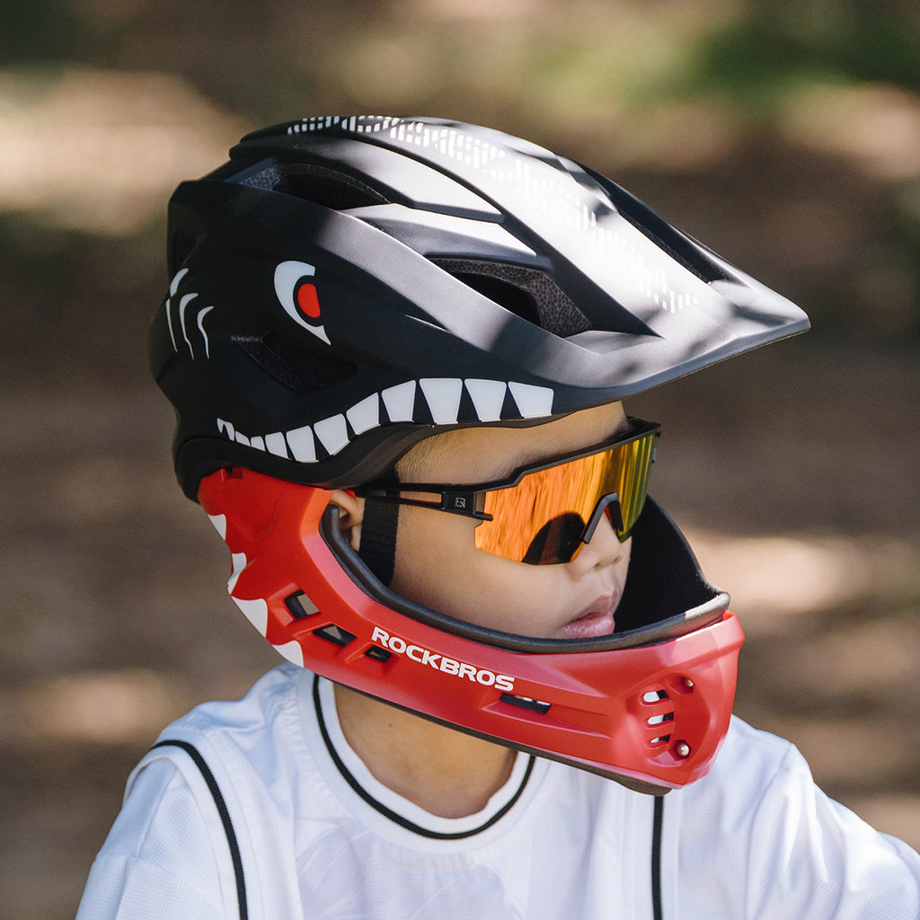 Rockbros TT-32006 Shark vaikų dviračio šalmas su nuimama žande S dydis (48-52 cm) - Juoda -- Bicycle Helmets