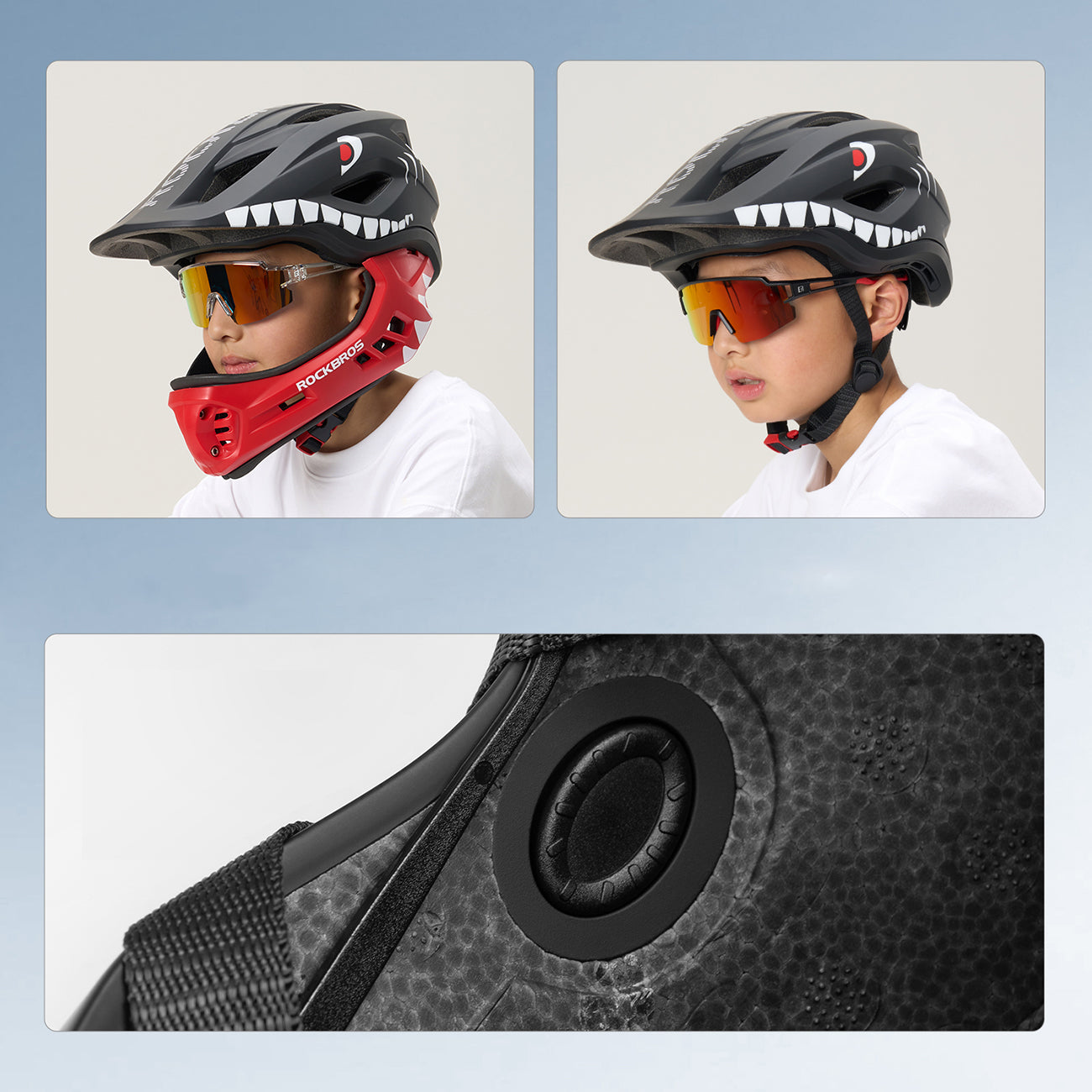 Rockbros TT-32006 Shark vaikų dviračio šalmas su nuimama žande S dydis (48-52 cm) - Juoda -- Bicycle Helmets