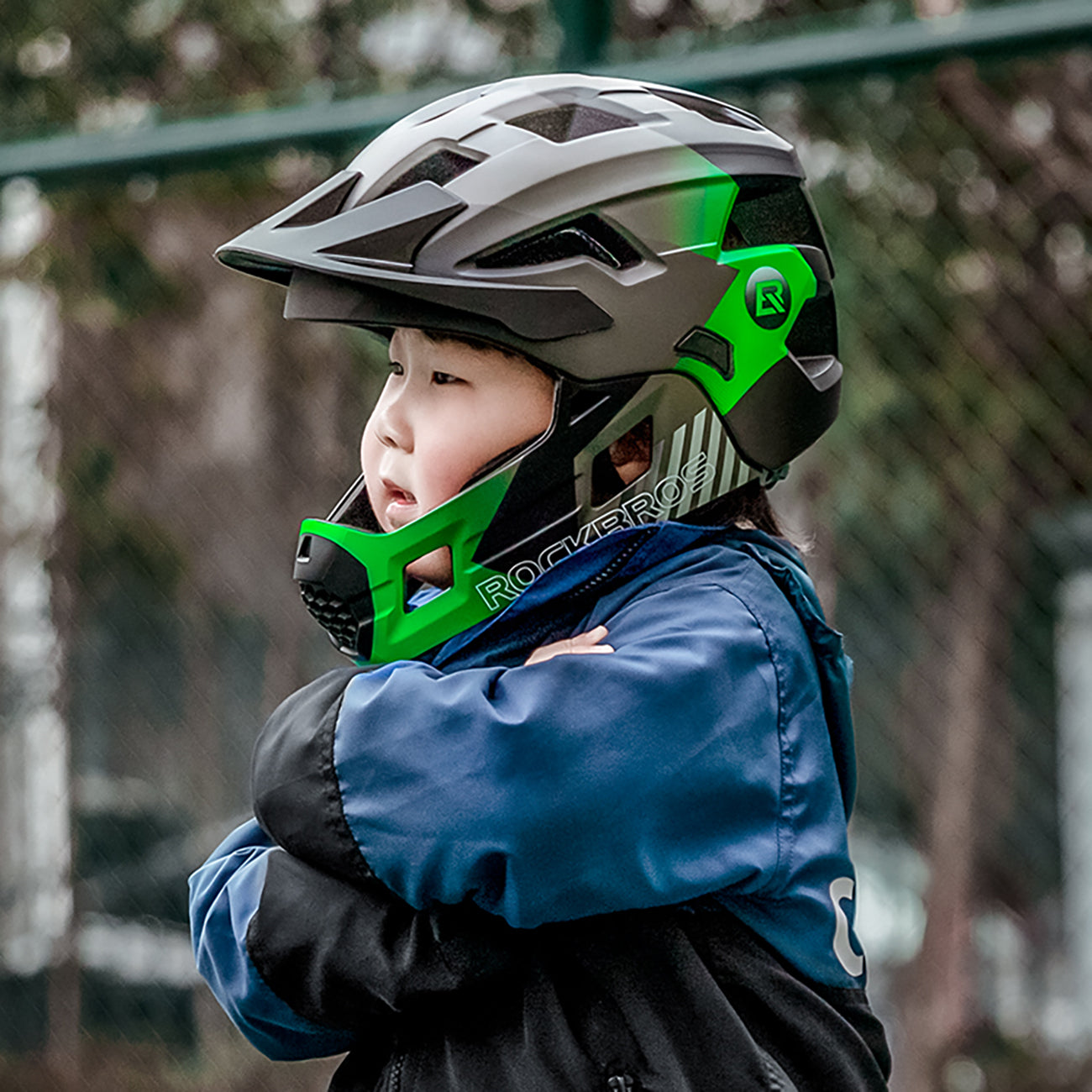 Rockbros TS-61 10110061003 vaikų dviračio šalmas su nuimama žande S dydis (48-52 cm) - Žalia -- Bicycle Helmets