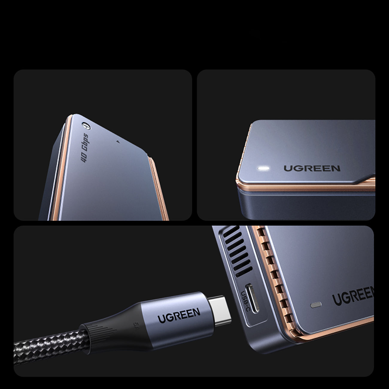 Ugreen D703 USB4 40Gb/s M.2 NVMe SSD Dėklas su Aktyviu Aušinimu - Pilkas -- Hard Drive Adapters