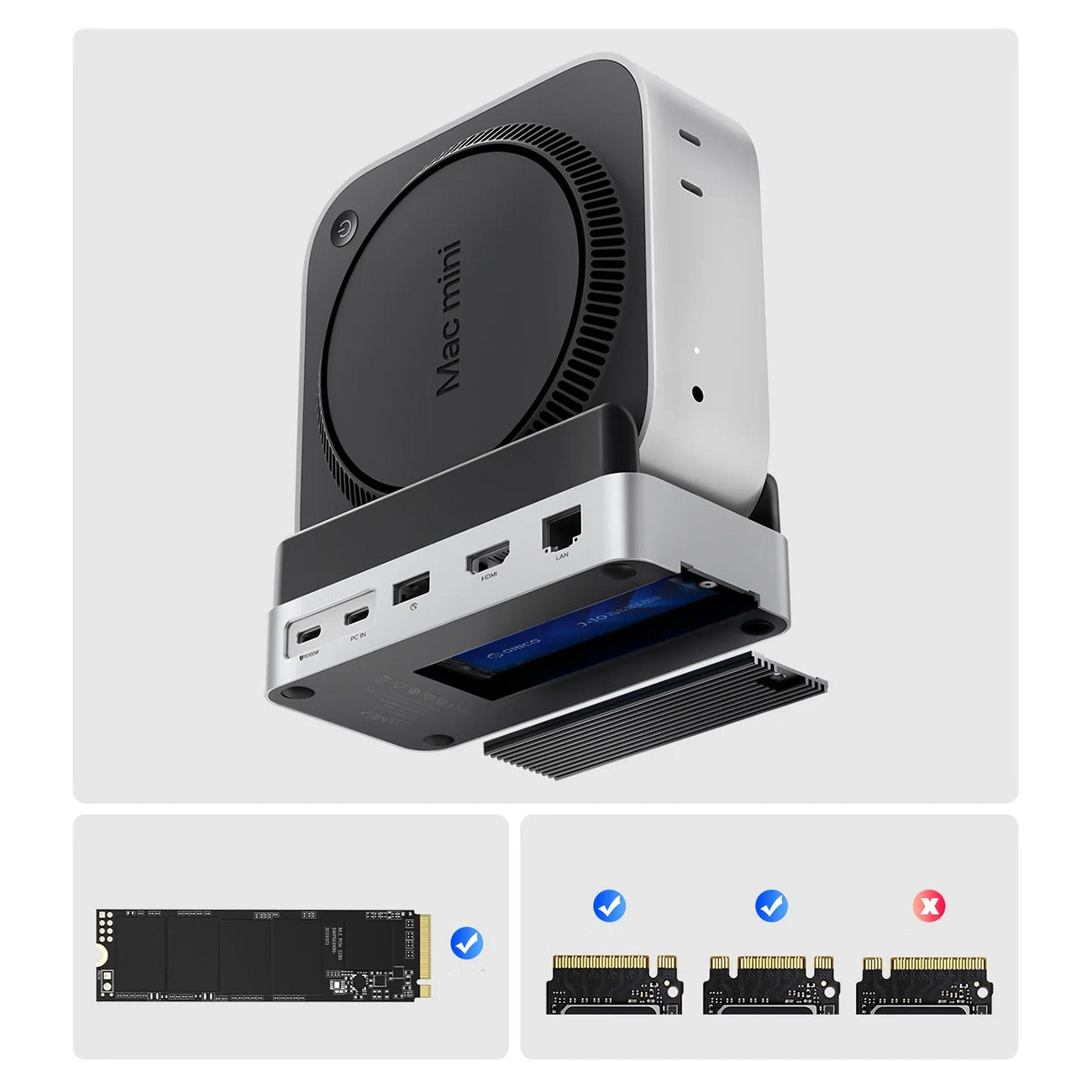 Orico MiniDock 10-in-1 Prijungimo Stotis su SSD Kietojo Disko Skyriumi - Sidabrinė -- Mac mini 2024
