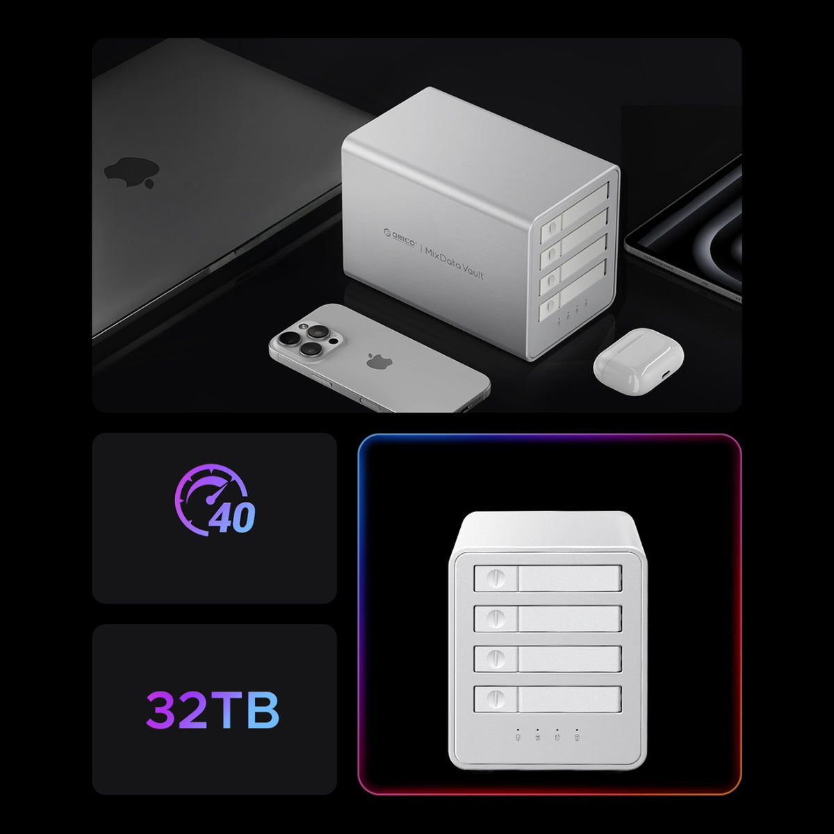 Orico 8848U4 DAS Series 4 lizdų M.2 NVMe SSD diskų masyvas - balta -- Hard Drive Adapters