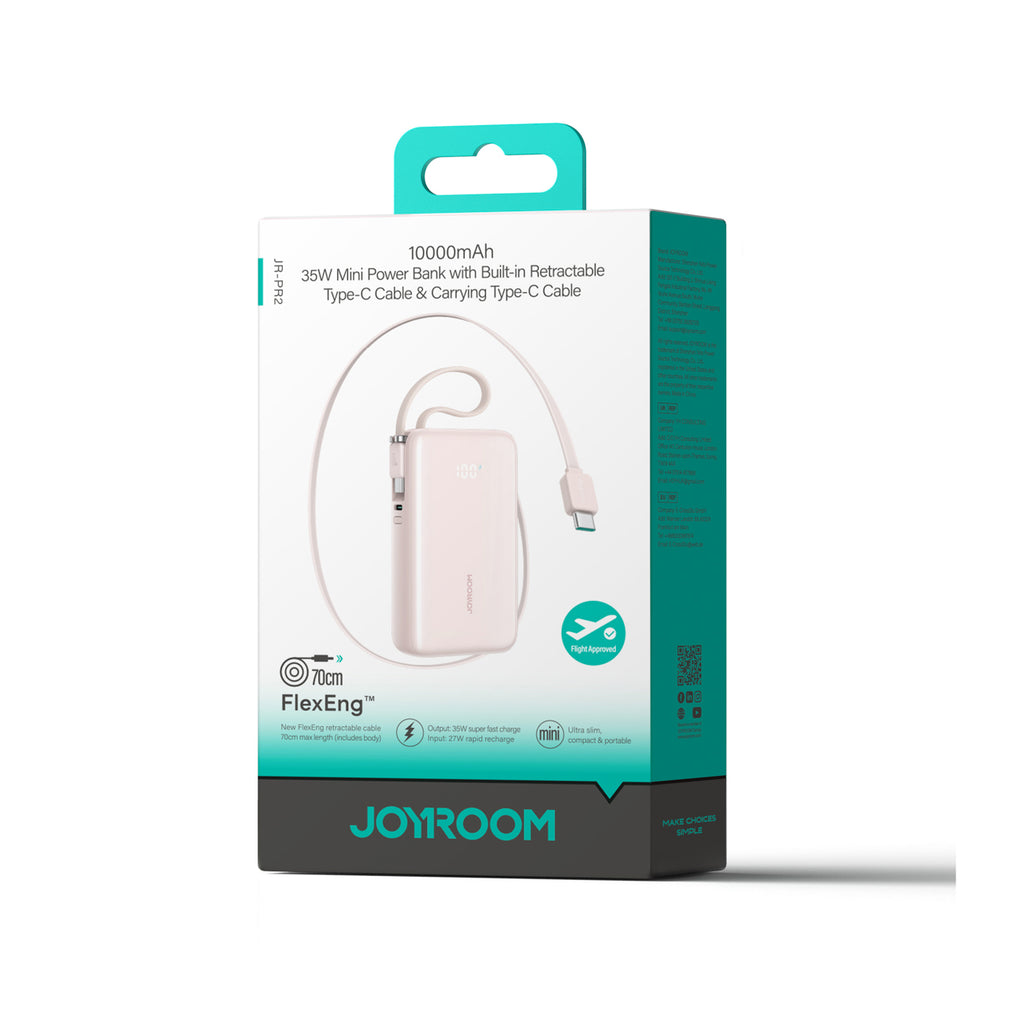 Joyroom JR-PR2L 10 000 mAh 35 W maitinimo blokas su įmontuotu ištraukiamu USB-C laidu ir USB-C dirželiu – rožinis