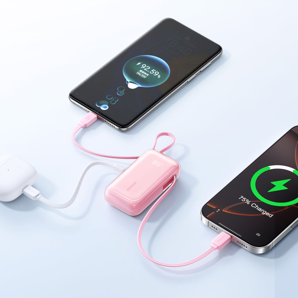 Joyroom JR-PR2L 10 000 mAh 35 W maitinimo blokas su įmontuotu ištraukiamu USB-C laidu ir USB-C dirželiu – rožinis