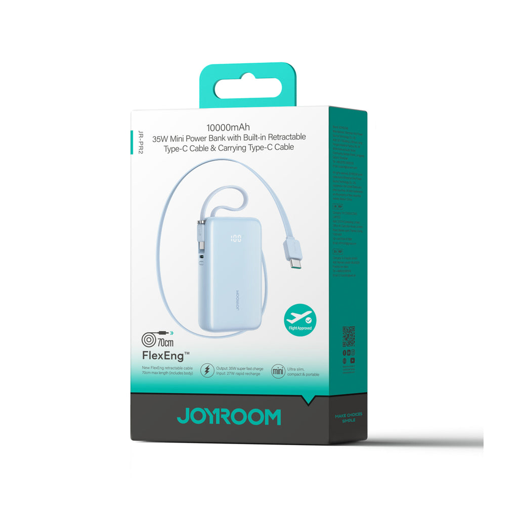 Joyroom JR-PR2L 10 000 mAh 35 W maitinimo blokas su įmontuotu ištraukiamu USB-C laidu ir USB-C dirželiu – mėlyna