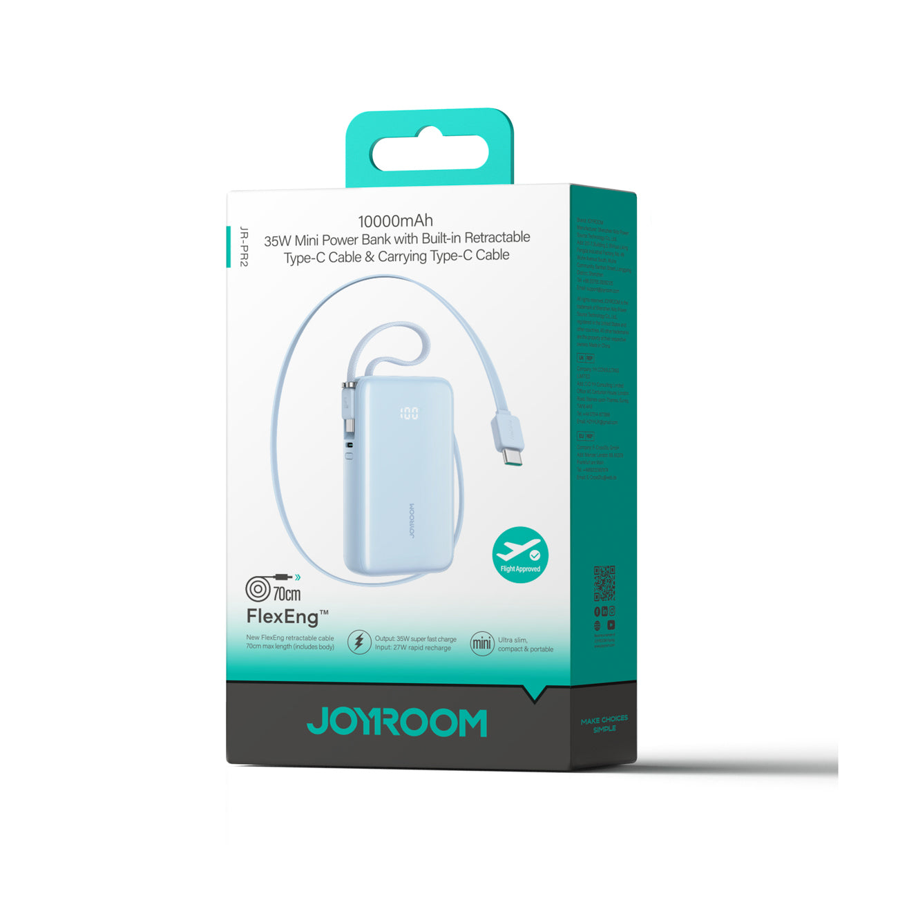 Joyroom JR-PR2L 10 000 mAh 35 W maitinimo blokas su įmontuotu ištraukiamu USB-C laidu ir USB-C dirželiu – mėlyna