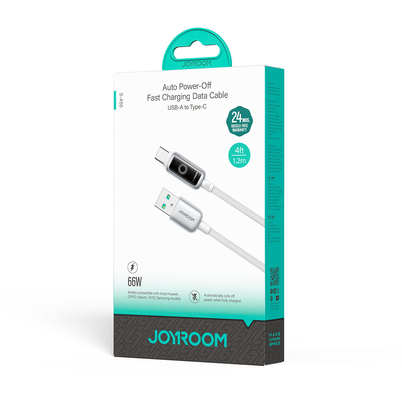 Joyroom Laidas S-A55 StarFlight 66W USB-A - USB-C 1.2m baltas
