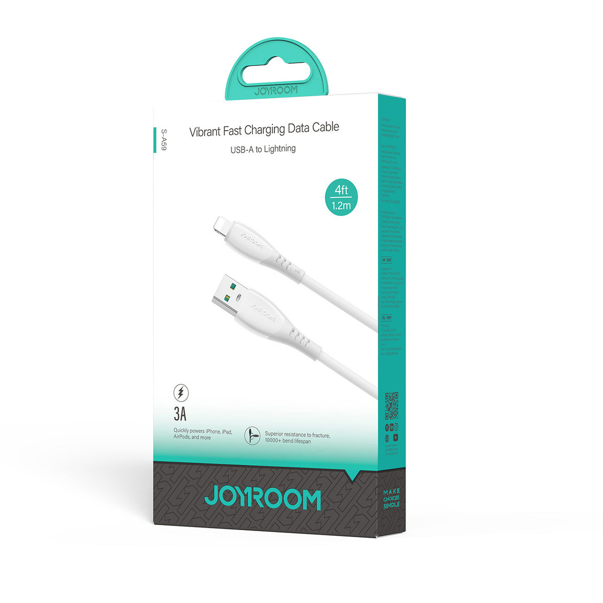 Joyroom Laidas S-A59 Vibrant Series 3A USB-A - Lightning 1.2m baltas -- Cell phone cables