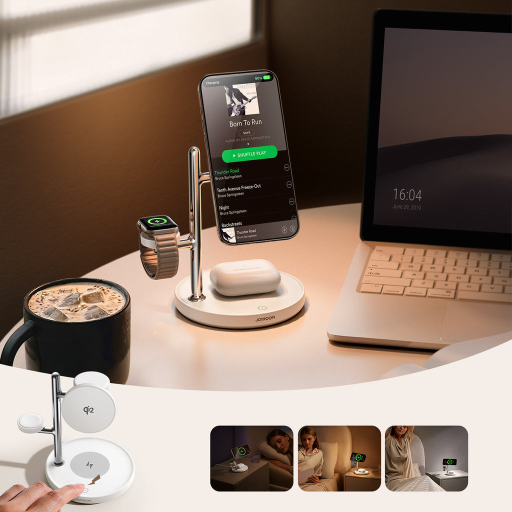 Joyroom stalinis įkroviklis JR-W23 4-in-1 Qi2 su integruota indukcine naktine lempute, baltas