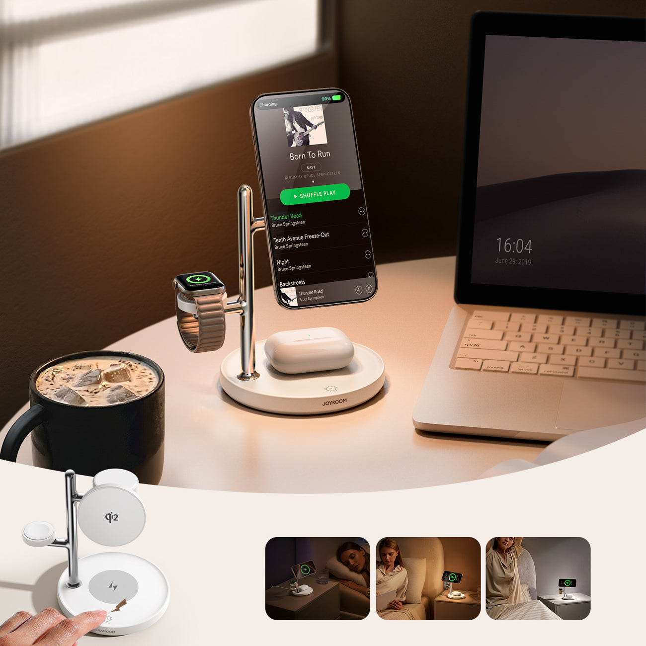 Joyroom stalinis įkroviklis JR-W23 4-in-1 Qi2 su integruota indukcine naktine lempute, baltas