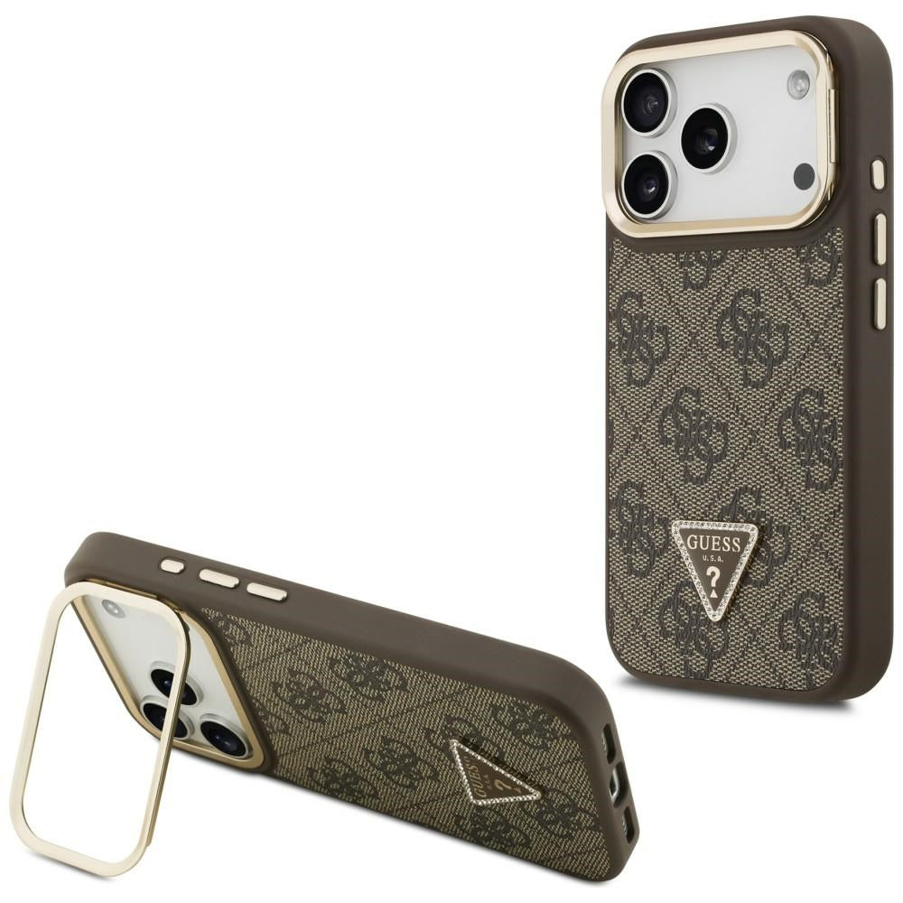 Guess 4G PU Triangle Logo & Stand Camera Magsafe dėklas iPhone 17 Pro – Rudas -- iPhone 17 Pro