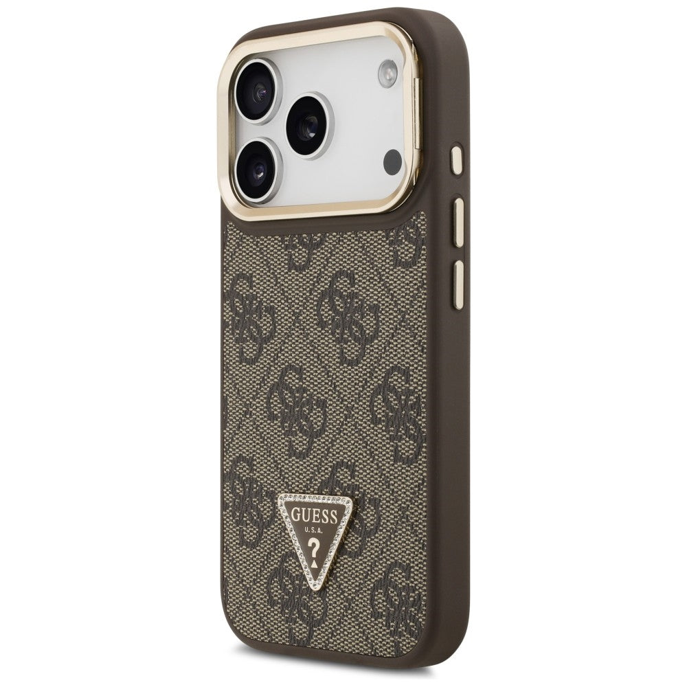 Guess 4G PU Triangle Logo & Stand Camera Magsafe dėklas iPhone 17 Pro – Rudas -- iPhone 17 Pro