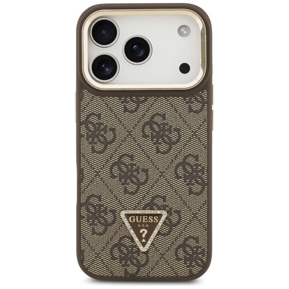 Guess 4G PU Triangle Logo & Stand Camera Magsafe dėklas iPhone 17 Pro – Rudas -- iPhone 17 Pro