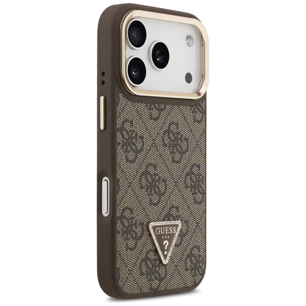 Guess 4G PU Triangle Logo & Stand Camera Magsafe dėklas iPhone 17 Pro – Rudas -- iPhone 17 Pro