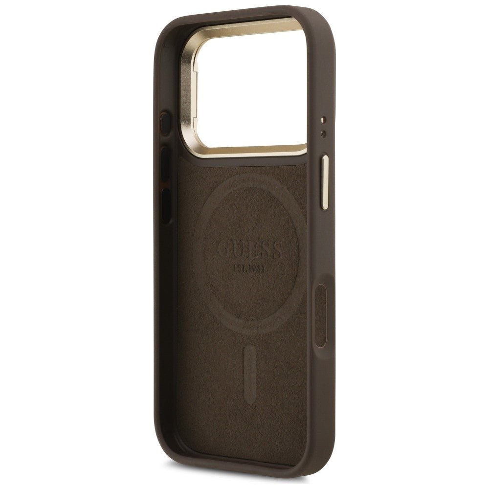 Guess 4G PU Triangle Logo & Stand Camera Magsafe dėklas iPhone 17 Pro – Rudas -- iPhone 17 Pro