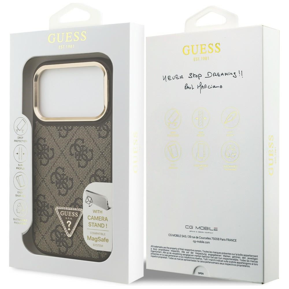 Guess 4G PU Triangle Logo & Stand Camera Magsafe dėklas iPhone 17 Pro – Rudas -- iPhone 17 Pro