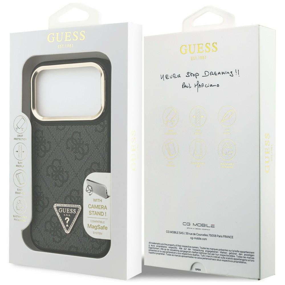 Guess 4G PU Triangle Logo & Stand Camera Magsafe dėklas iPhone 17 Pro - Juodas -- iPhone 17 Pro