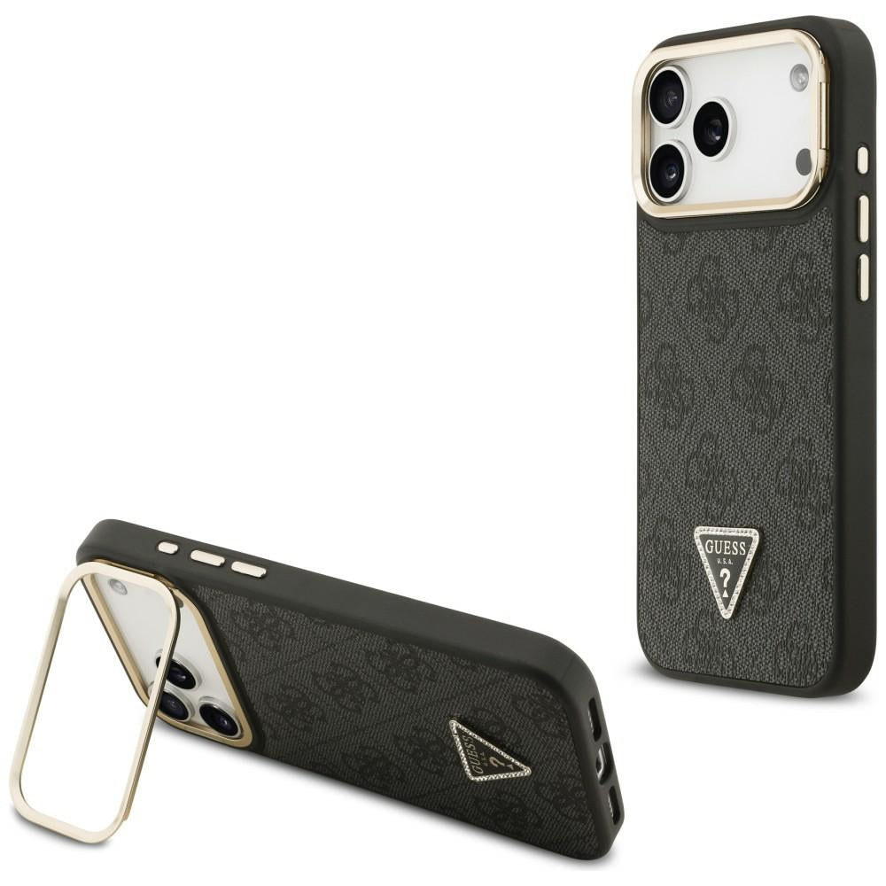 Guess 4G PU Triangle Logo & Stand Camera Magsafe dėklas iPhone 17 Pro Max - Juodas -- iPhone 17 Pro Max