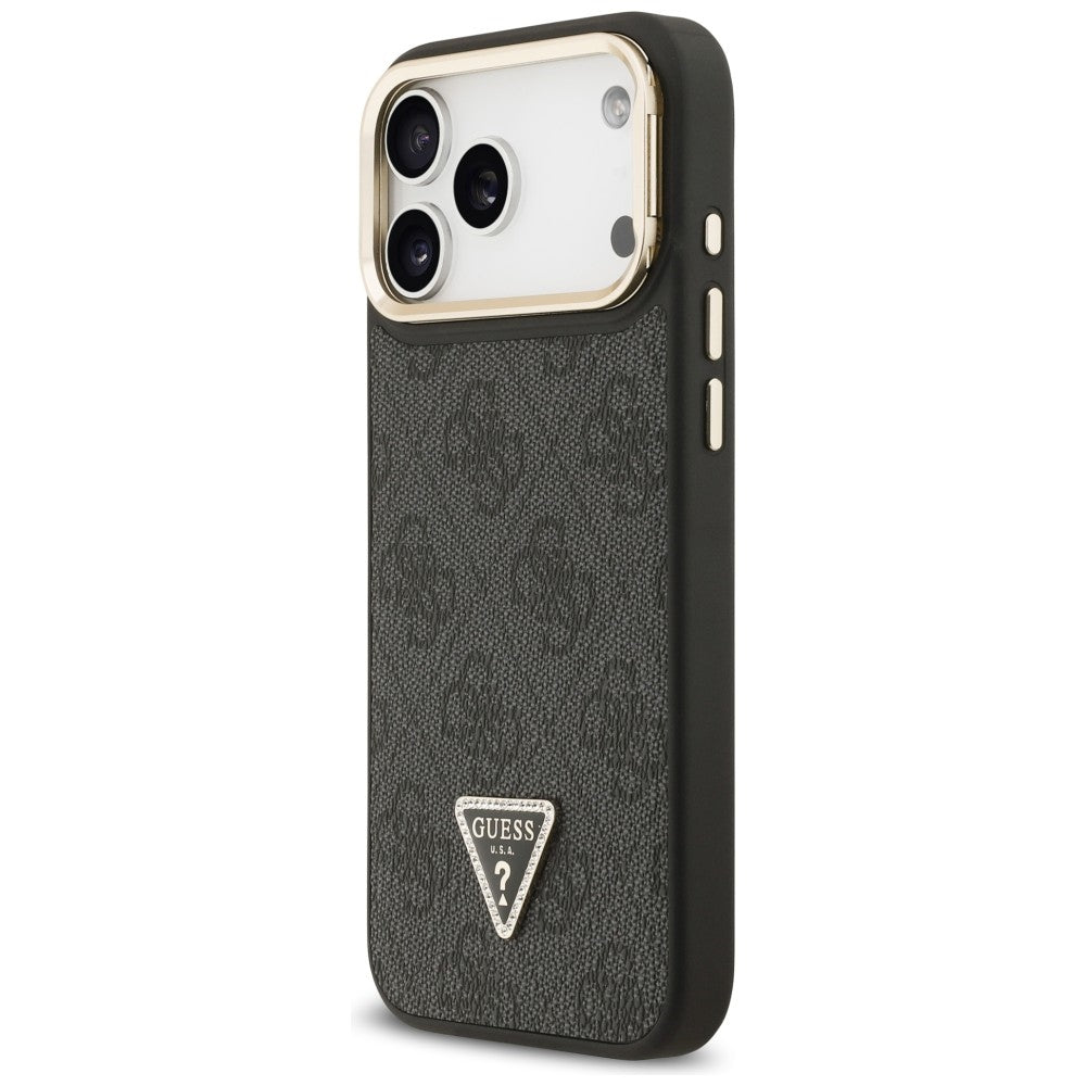 Guess 4G PU Triangle Logo & Stand Camera Magsafe dėklas iPhone 17 Pro Max - Juodas -- iPhone 17 Pro Max