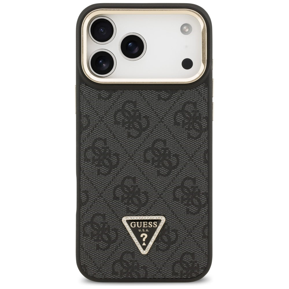 Guess 4G PU Triangle Logo & Stand Camera Magsafe dėklas iPhone 17 Pro Max - Juodas -- iPhone 17 Pro Max