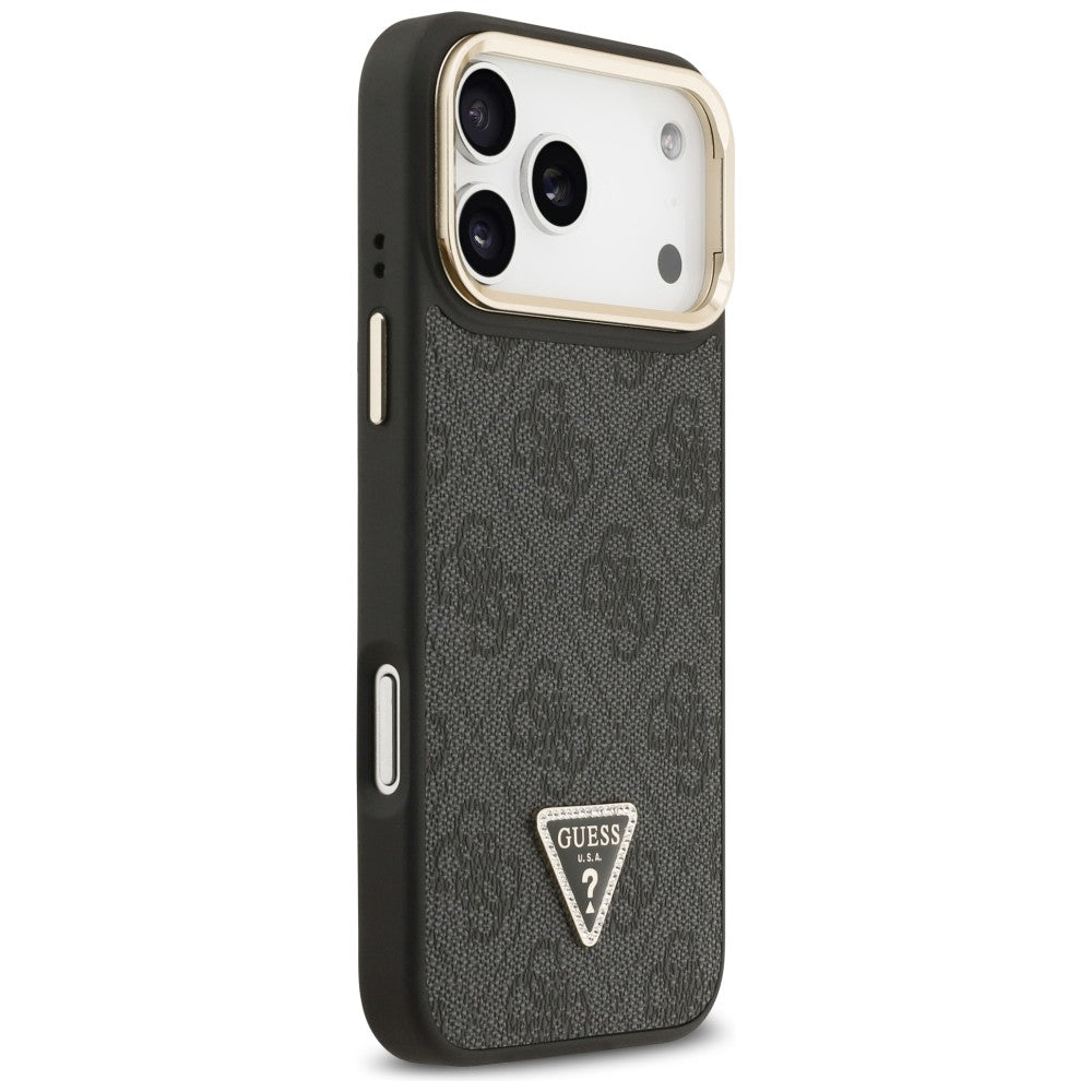 Guess 4G PU Triangle Logo & Stand Camera Magsafe dėklas iPhone 17 Pro Max - Juodas -- iPhone 17 Pro Max