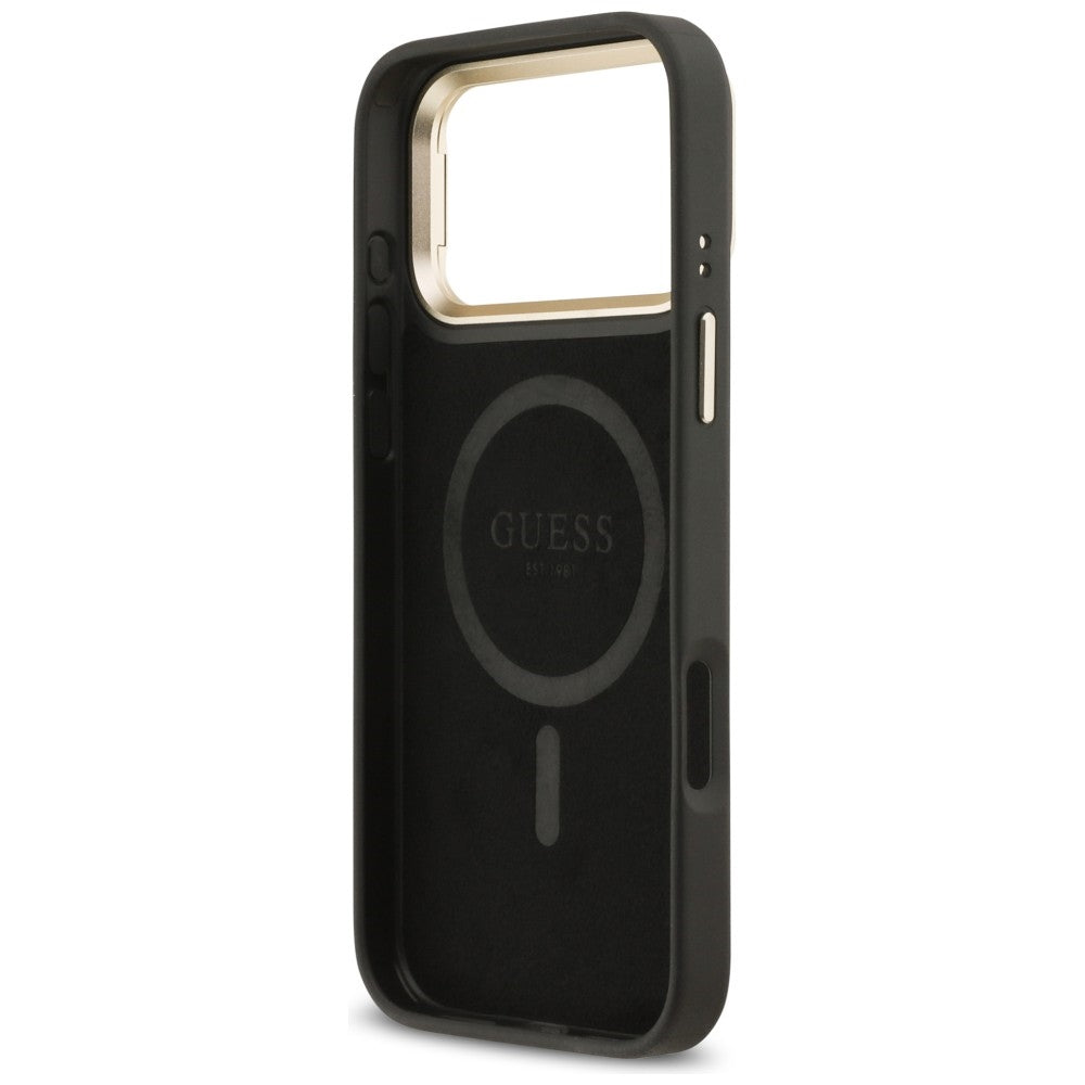 Guess 4G PU Triangle Logo & Stand Camera Magsafe dėklas iPhone 17 Pro Max - Juodas -- iPhone 17 Pro Max