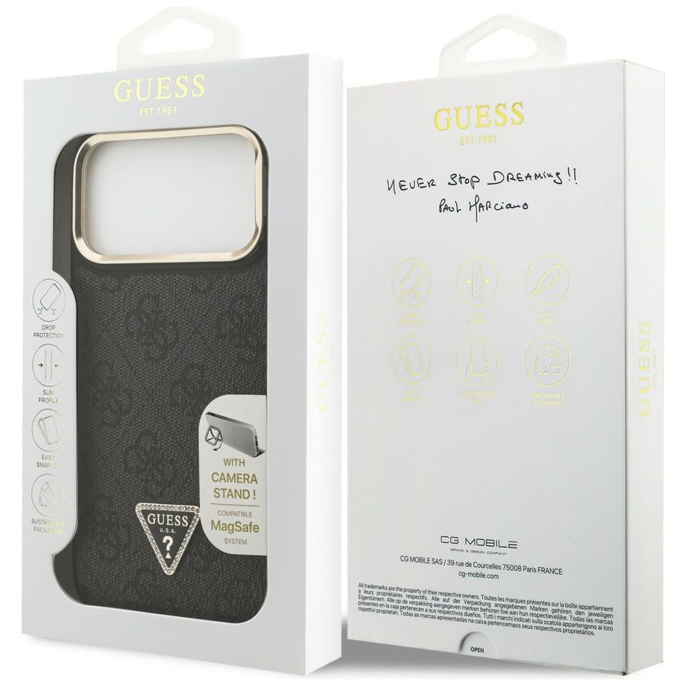 Guess 4G PU Triangle Logo & Stand Camera Magsafe dėklas iPhone 17 Pro Max - Juodas -- iPhone 17 Pro Max