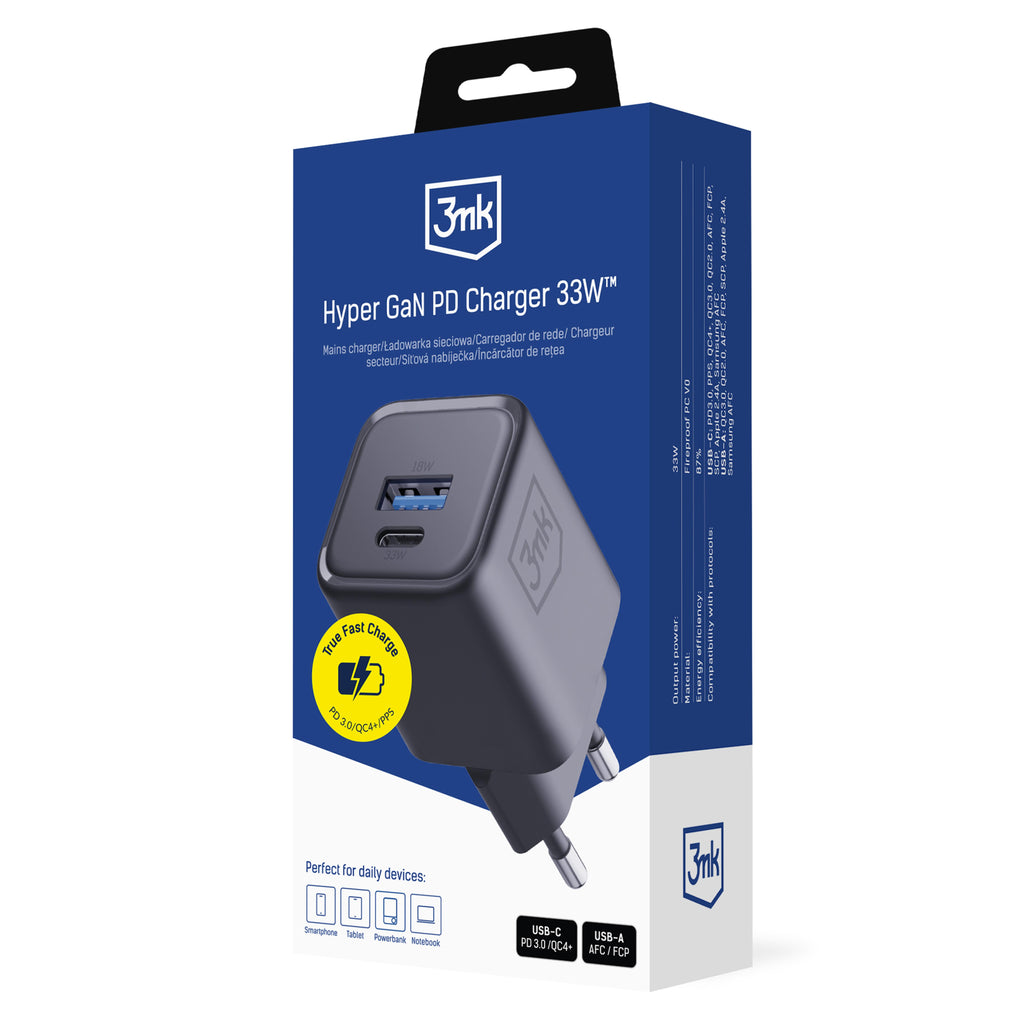 3mk Hyper Charger sieninis įkroviklis PD 33W GaN QC4+ PPS AFC FCP SCP 1A1C - juodas