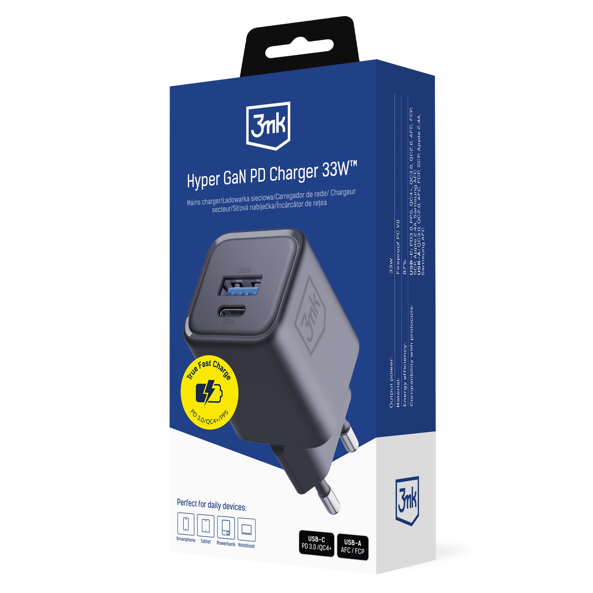3mk Hyper Charger sieninis įkroviklis PD 33W GaN QC4+ PPS AFC FCP SCP 1A1C - juodas