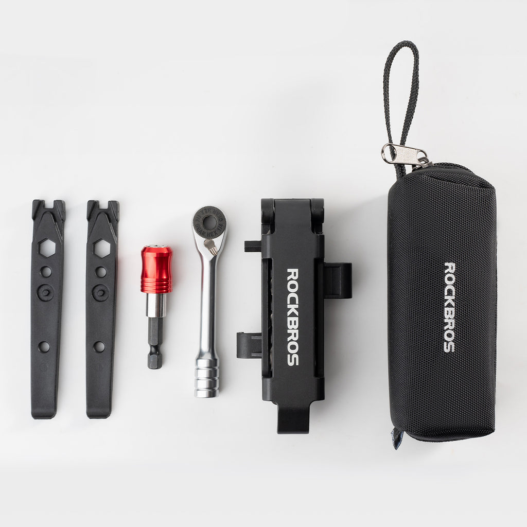 Rockbros Multitool dviračio įrankių komplektas su ratinčiu raktu ir padangų iškėlikliais - juodas -- Bicycle Multi-Tools