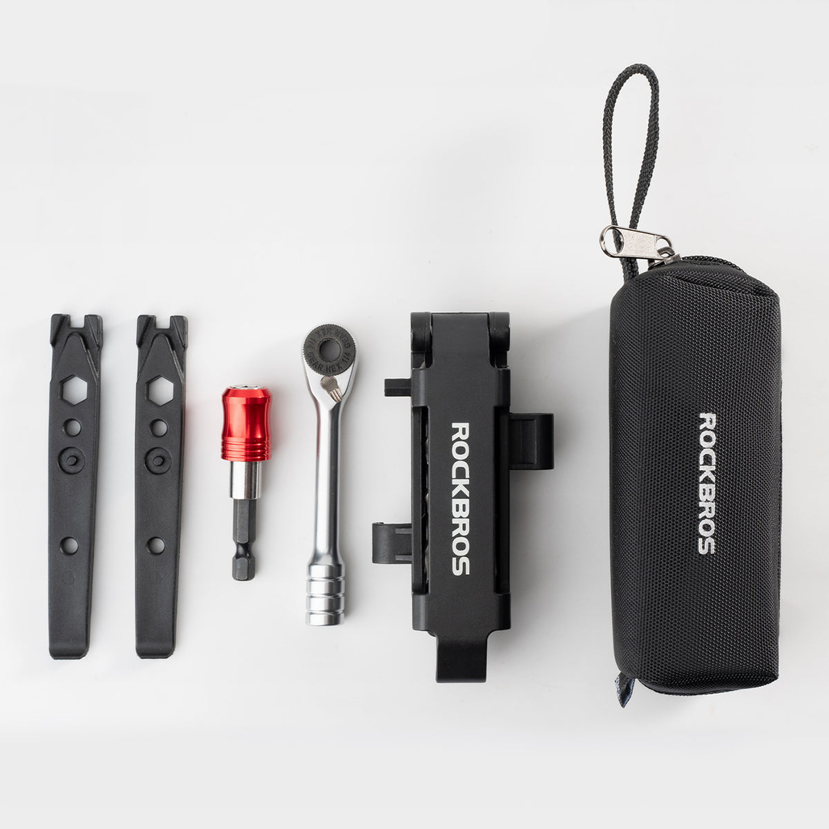 Rockbros Multitool dviračio įrankių komplektas su ratinčiu raktu ir padangų iškėlikliais - juodas -- Bicycle Multi-Tools