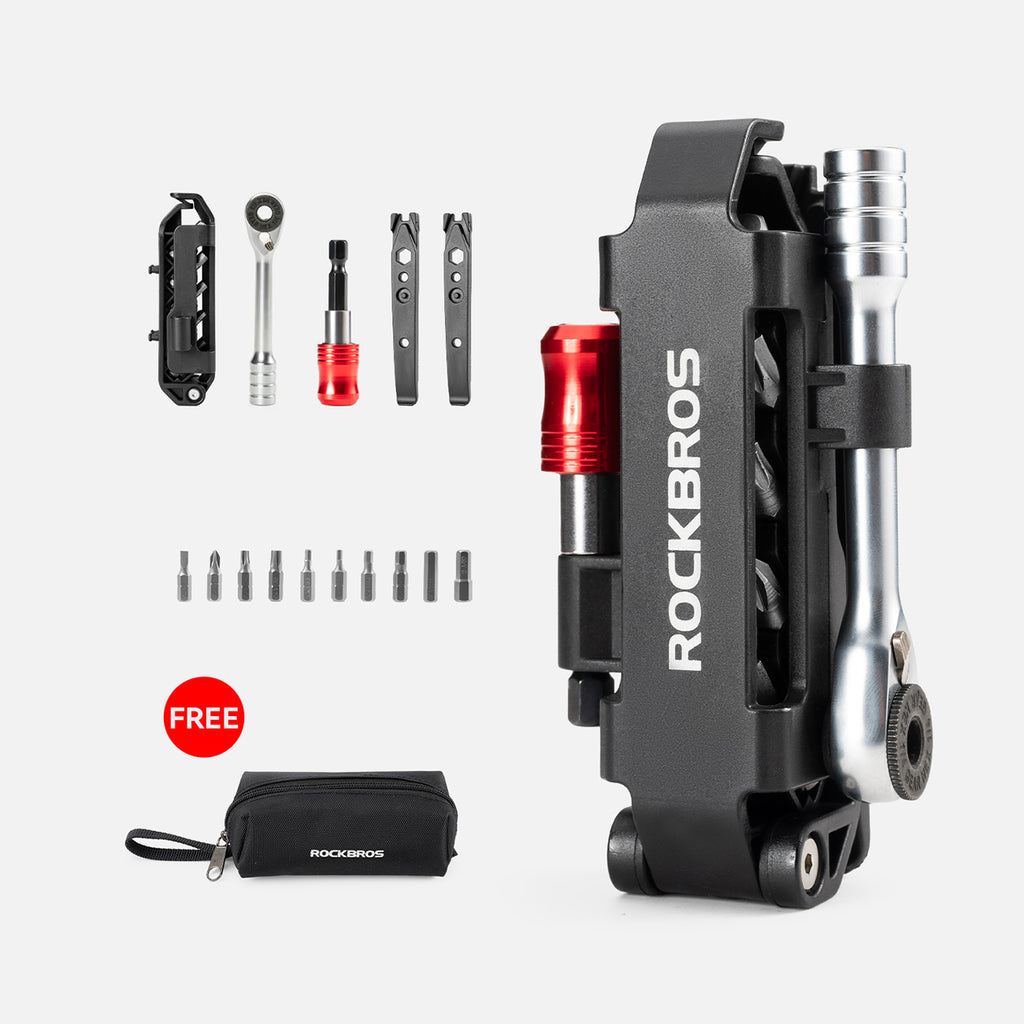 Rockbros Multitool dviračio įrankių komplektas su ratinčiu raktu ir padangų iškėlikliais - juodas -- Bicycle Multi-Tools