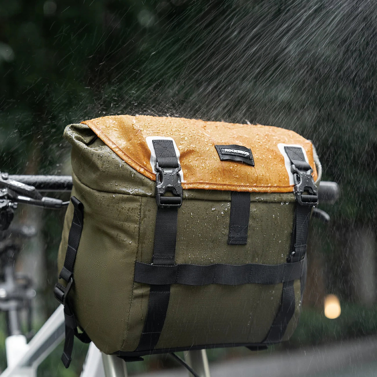 Rockbros W019 Vairo dviračio krepšelis 13,5-24L - Žalia-Oranžinė -- Bicycle Bags
