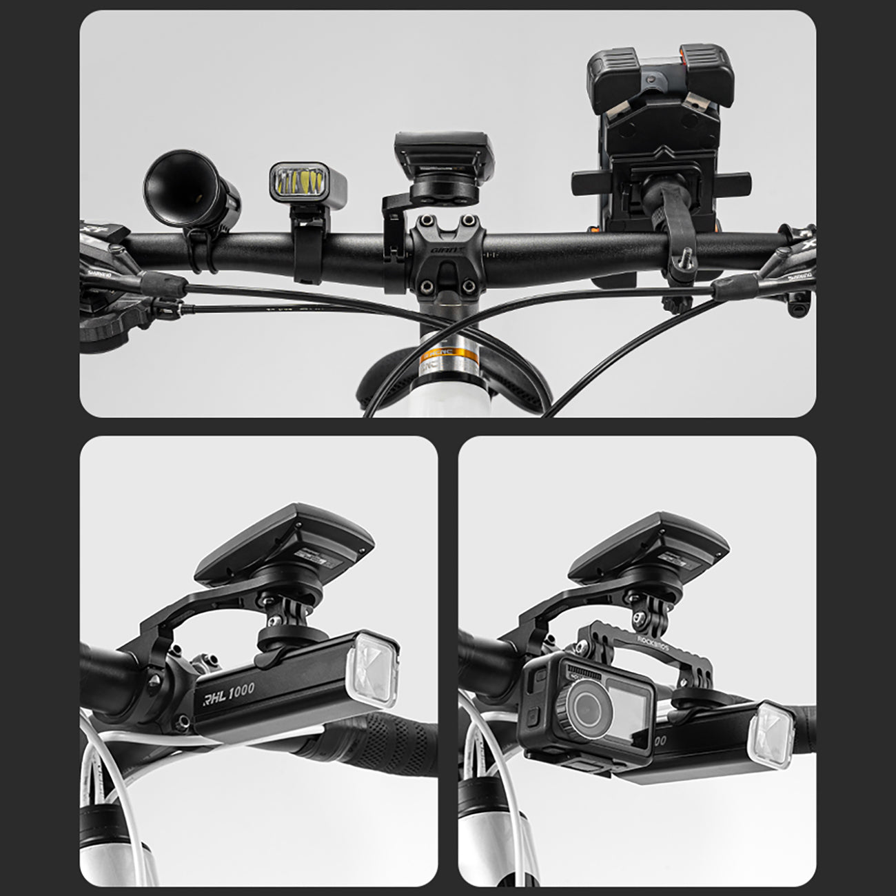 Rockbros FK-301 2-in-1 vairo dviračio laikiklis kompiuteriui ir sviesai/kamerai - juodas -- Bicycle Lights