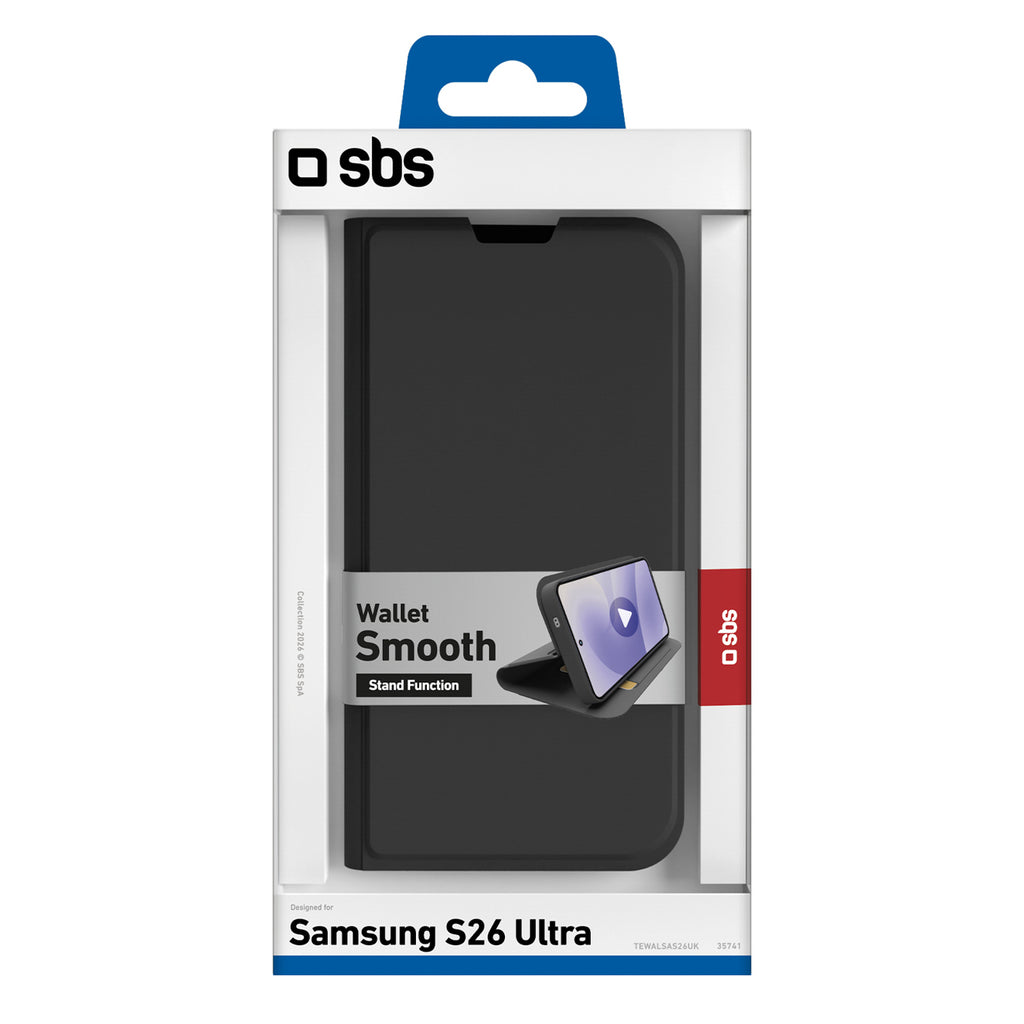 SBS Wallet Smooth dėklas Samsung Galaxy S26 Ultra su atverčiamu dangteliu - juodas -- Samsung Galaxy S26 Ultra