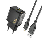 Dudao sieninis įkroviklis A23LEU 2.4A GaN EU USB-A su USB-A į Lightning laidu - juodas