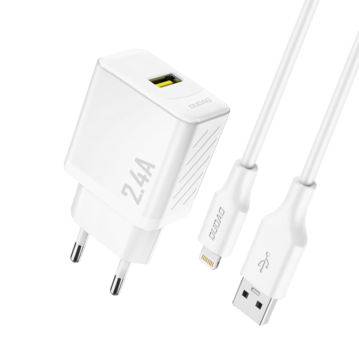 Dudao sieninis įkroviklis A23LEU 2.4A GaN EU USB-A su USB-A į Lightning laidu - baltas