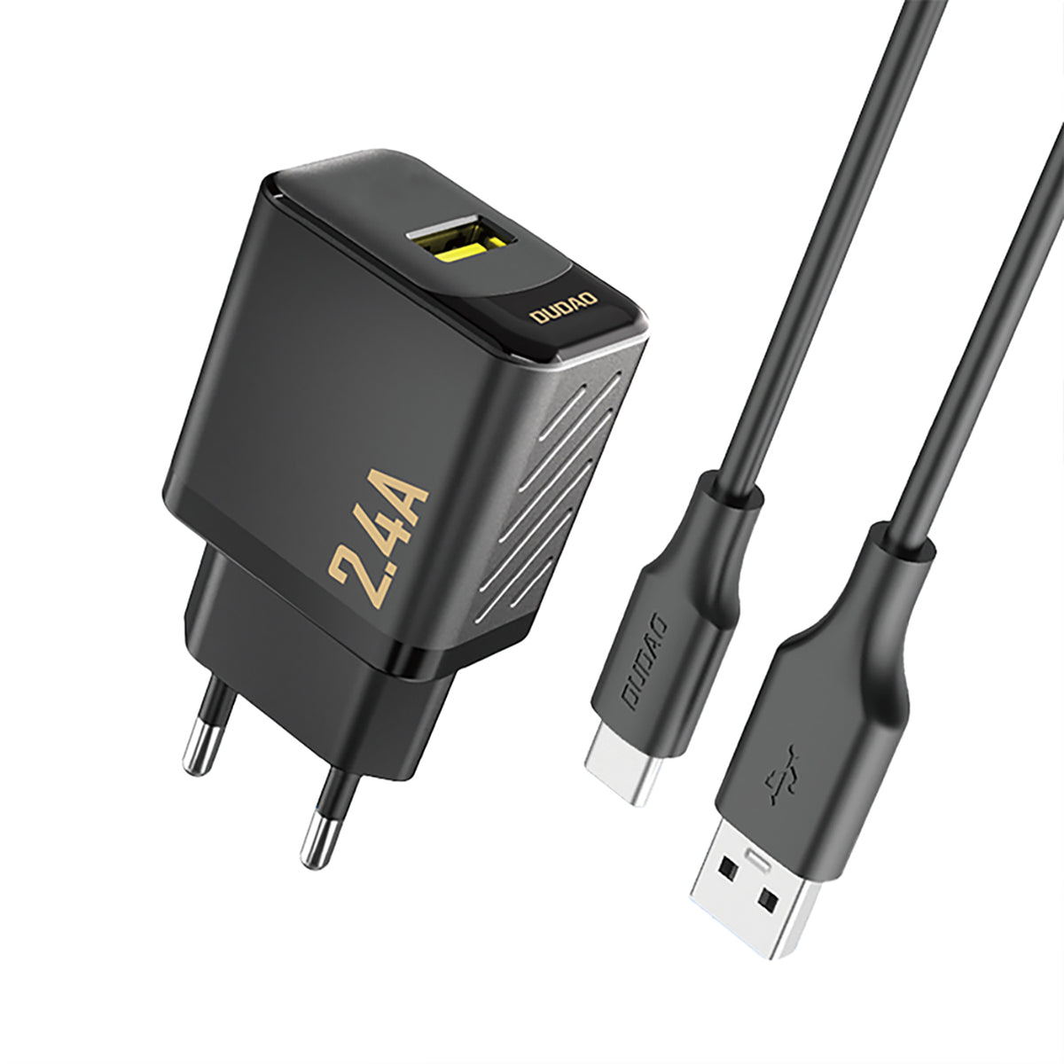 Dudao sieninis įkroviklis A23TEU 2.4A GaN USB-A su USB-A į USB-C laidu - juodas