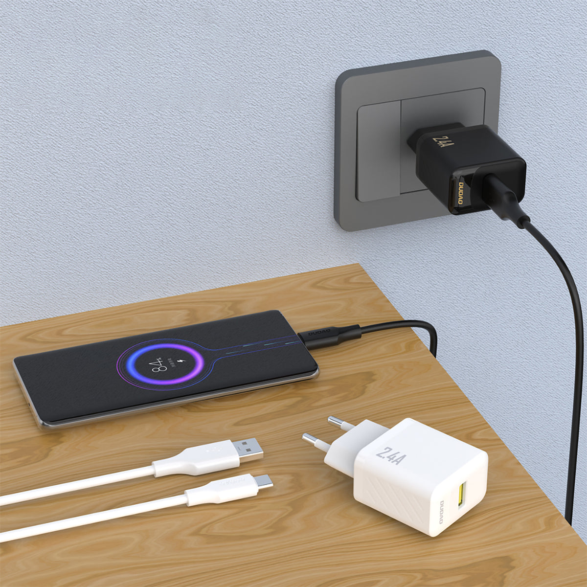 Dudao sieninis įkroviklis A23TEU 2.4A GaN USB-A su USB-A į USB-C laidu - juodas