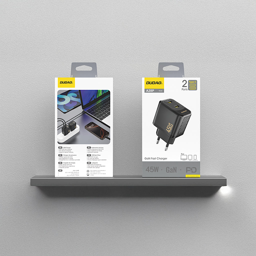 Dudao sieninis įkroviklis A28PEU PD 45W GaN 2xUSB - juodas -- Cell phone chargers