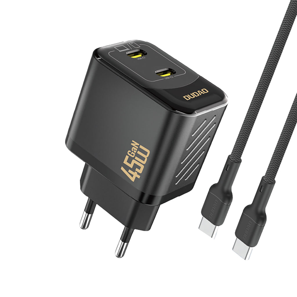 Dudao sieninis įkroviklis A28PCEU PD 45W GaN 2xUSB-C su USB-C laidu - juodas -- Cell phone chargers