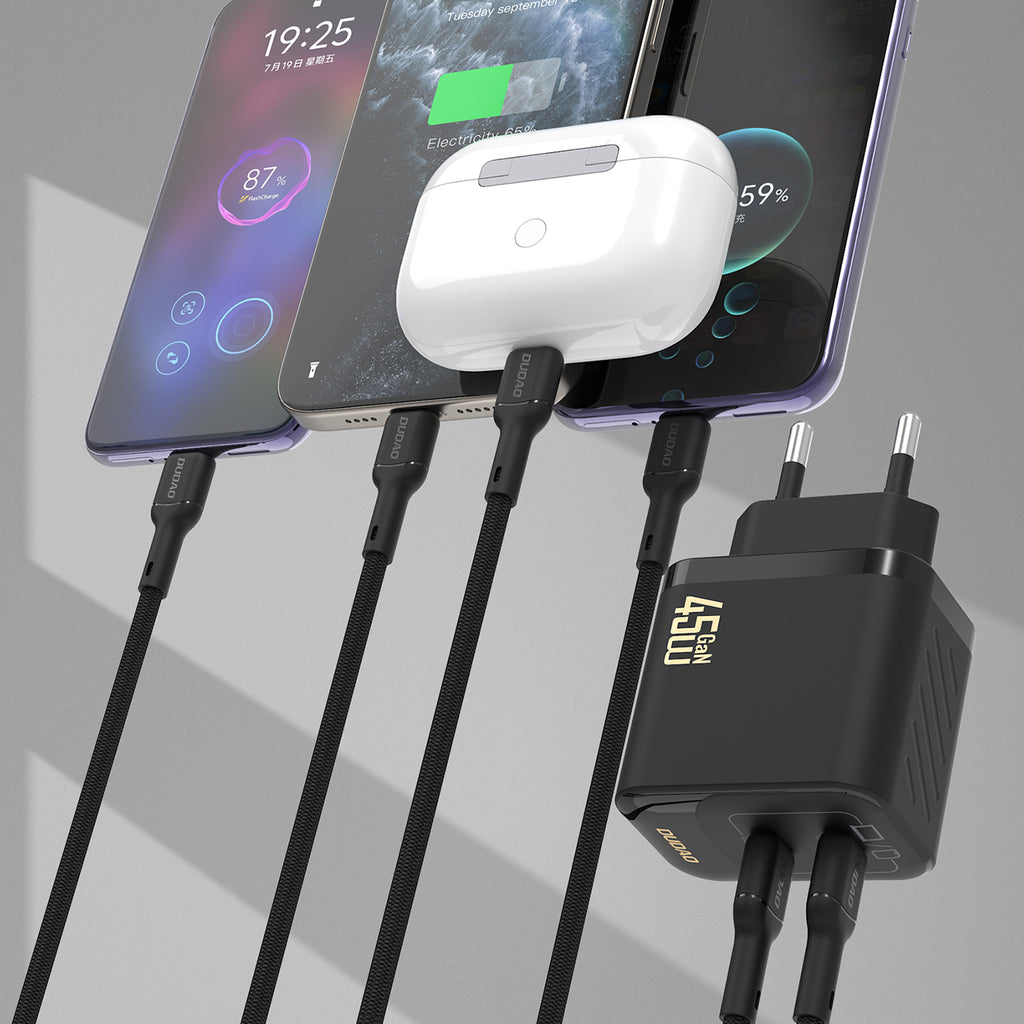 Dudao sieninis įkroviklis A28PCEU PD 45W GaN 2xUSB-C su USB-C laidu - juodas -- Cell phone chargers