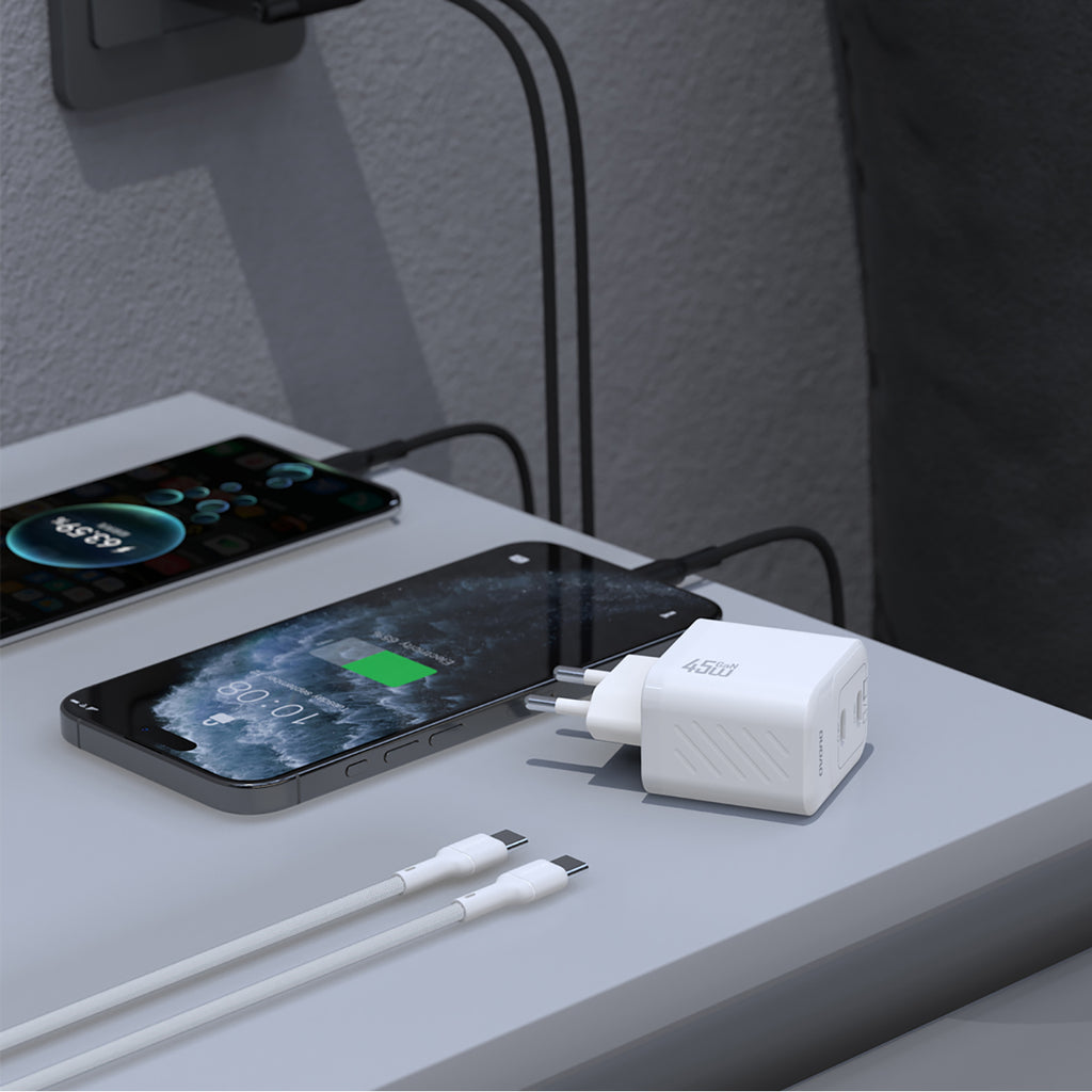 Dudao sieninis įkroviklis A28PCEU PD 45W GaN 2xUSB-C su USB-C laidu - baltas