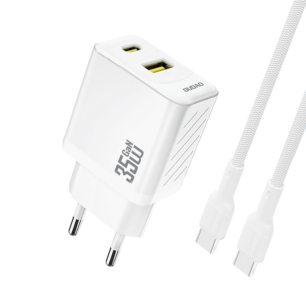 Dudao sieninis įkroviklis A27MaxCEU PD QC 35W USB-A USB-C su USB-C laidu - baltas