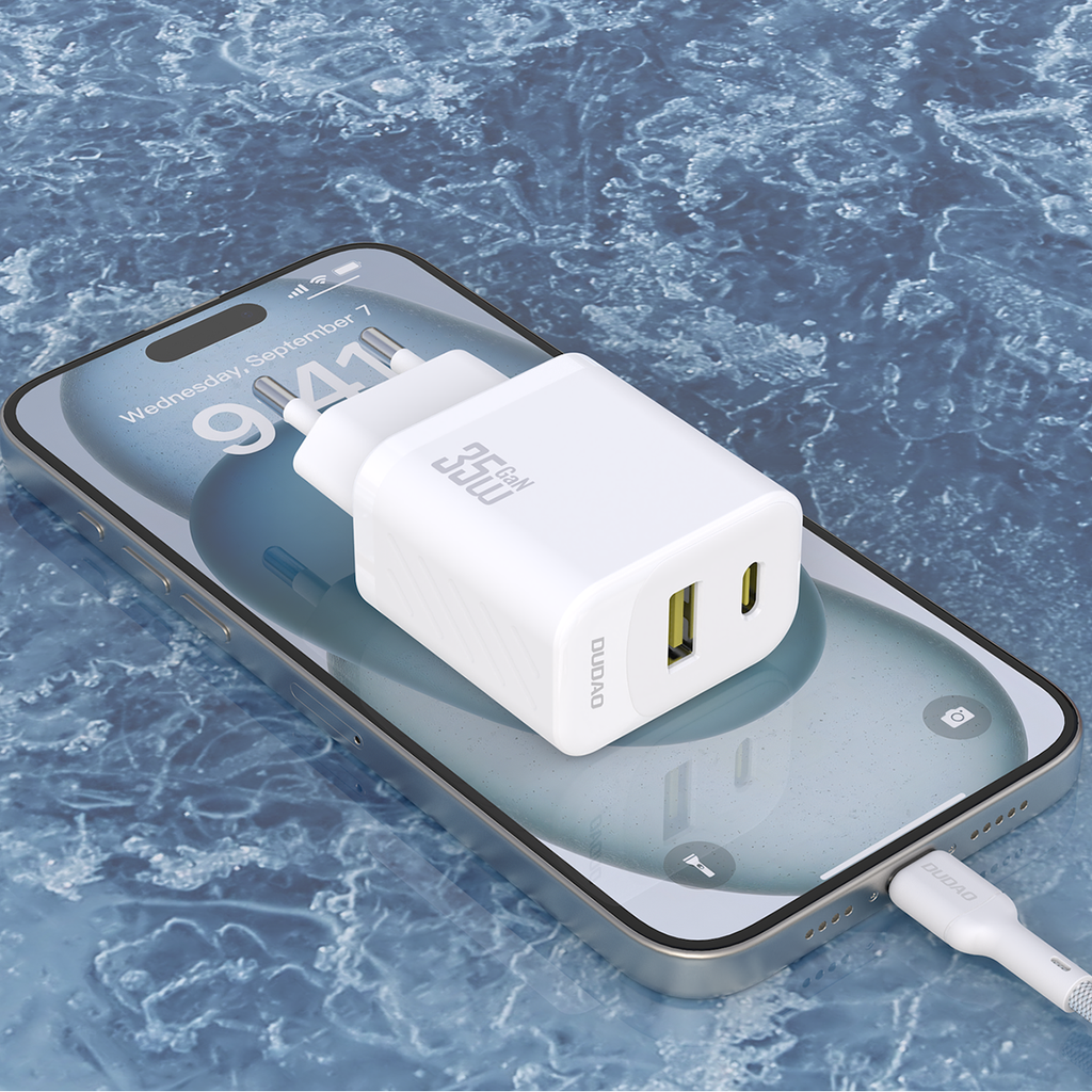 Dudao sieninis įkroviklis A27MaxCEU PD QC 35W USB-A USB-C su USB-C laidu - baltas