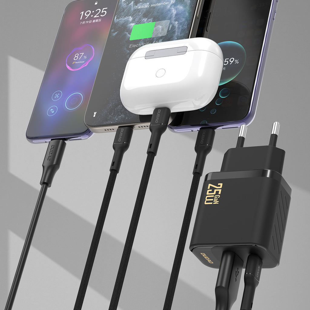 Dudao sieninis įkroviklis A26TCEU PD QC 25W GaN USB-A USB-C su USB-C laidu - juodas