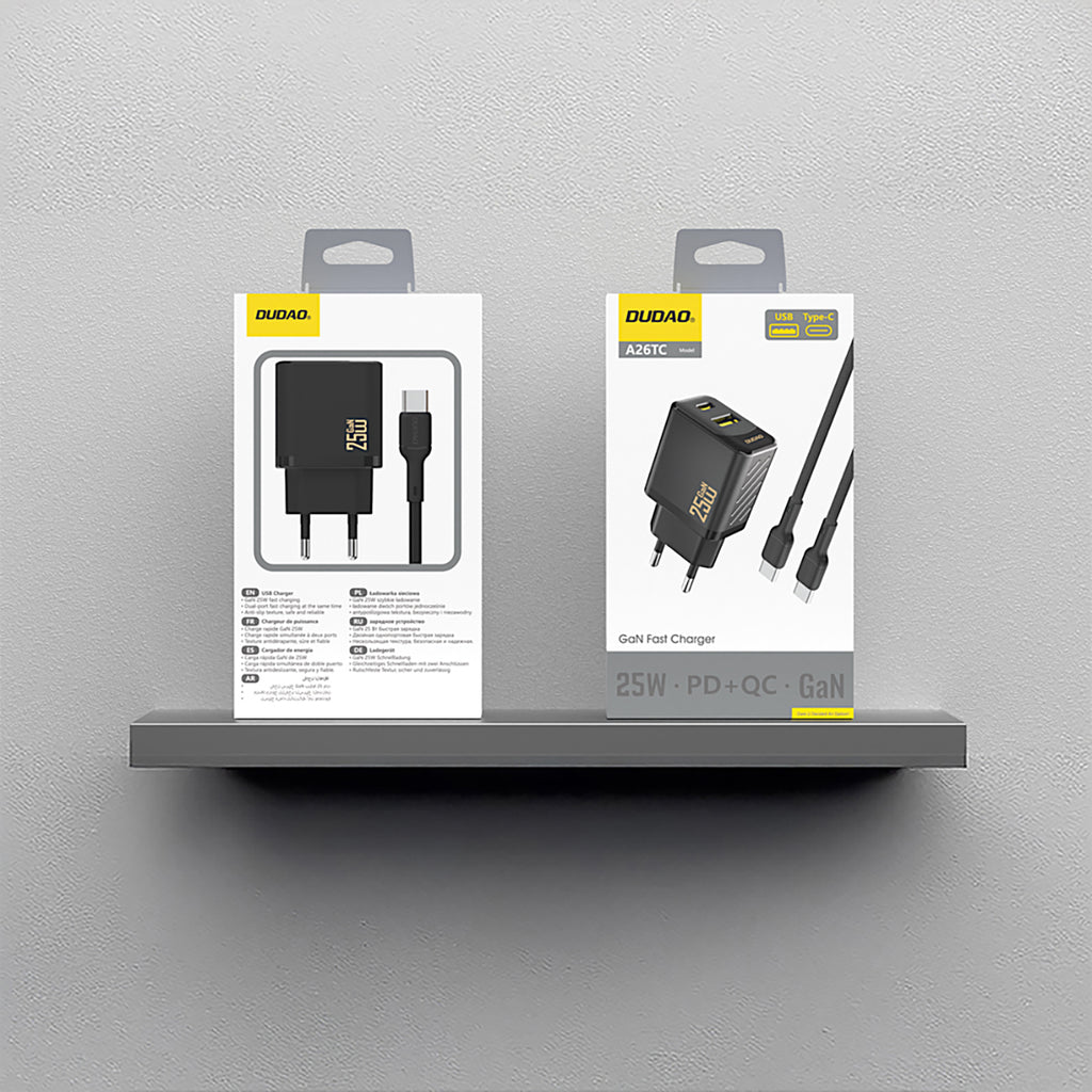Dudao sieninis įkroviklis A26TCEU PD QC 25W GaN USB-A USB-C su USB-C laidu - juodas